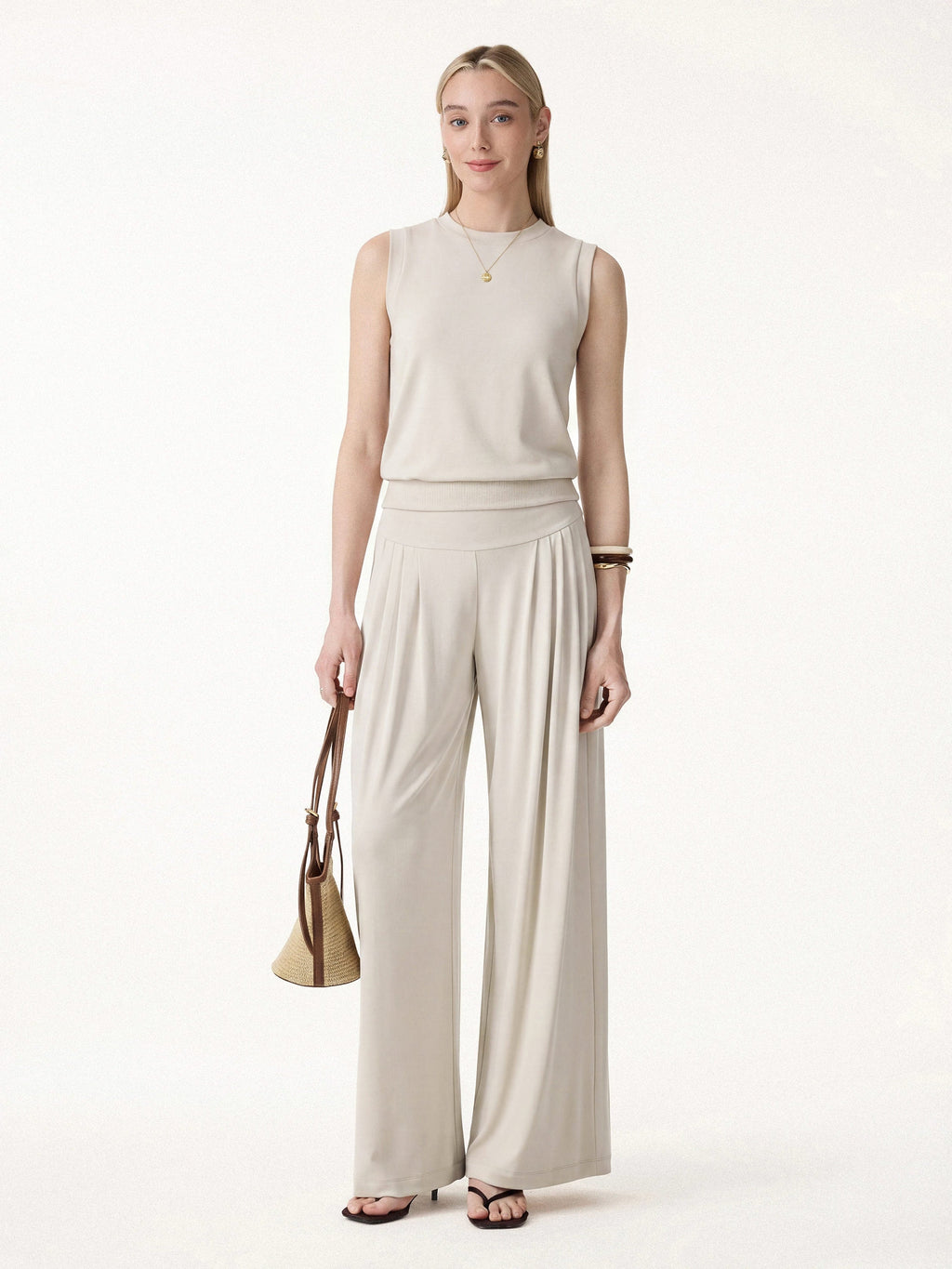 2Pcs Set Crew Neck Top & Flowy Tucked Palazzo Pant with Pockets