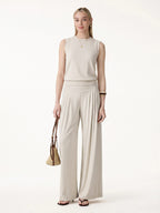 2Pcs Set Crew Neck Top & Flowy Tucked Palazzo Pant with Pockets