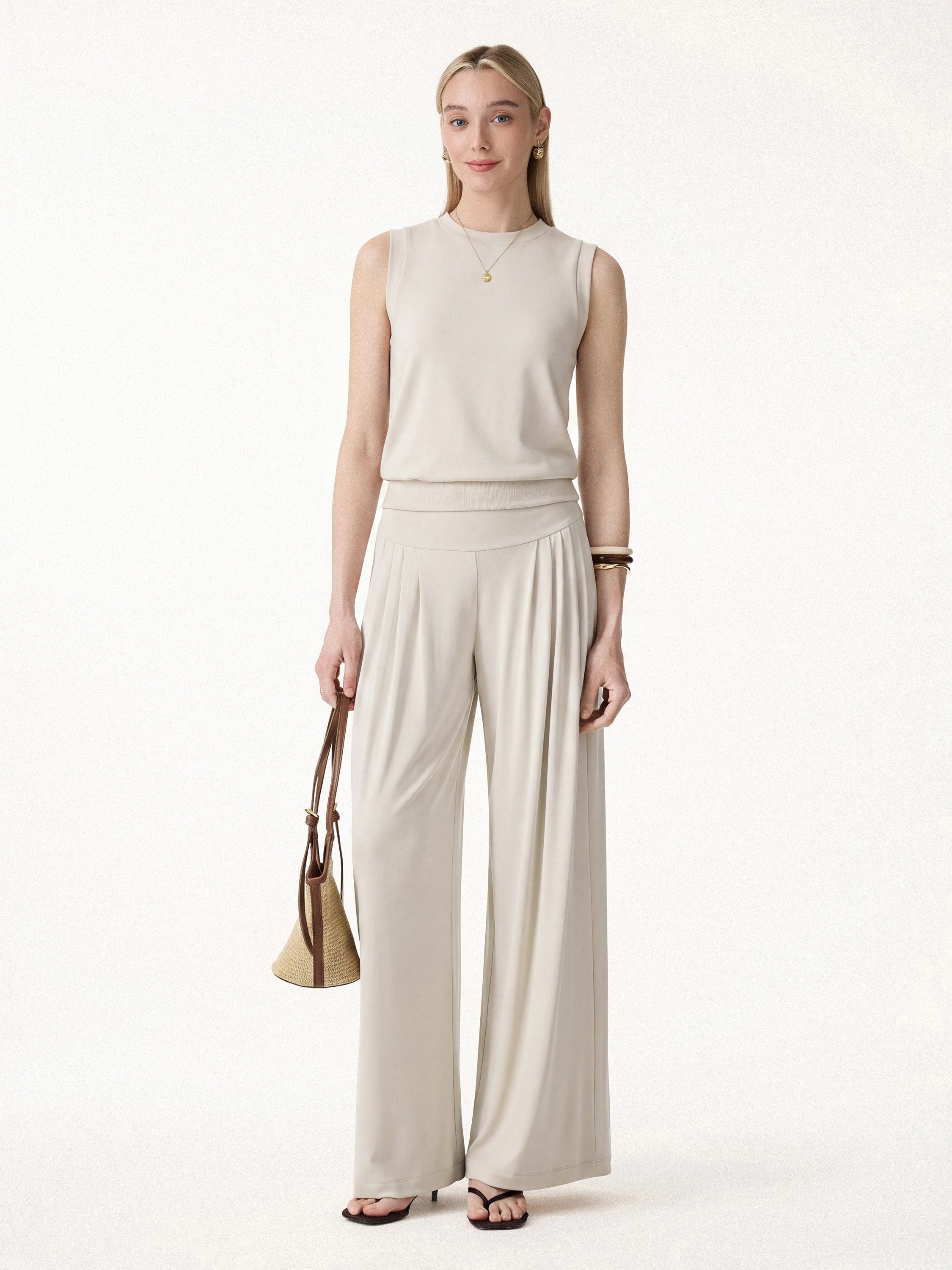 2Pcs Set Crew Neck Top & Flowy Tucked Palazzo Pant with Pockets