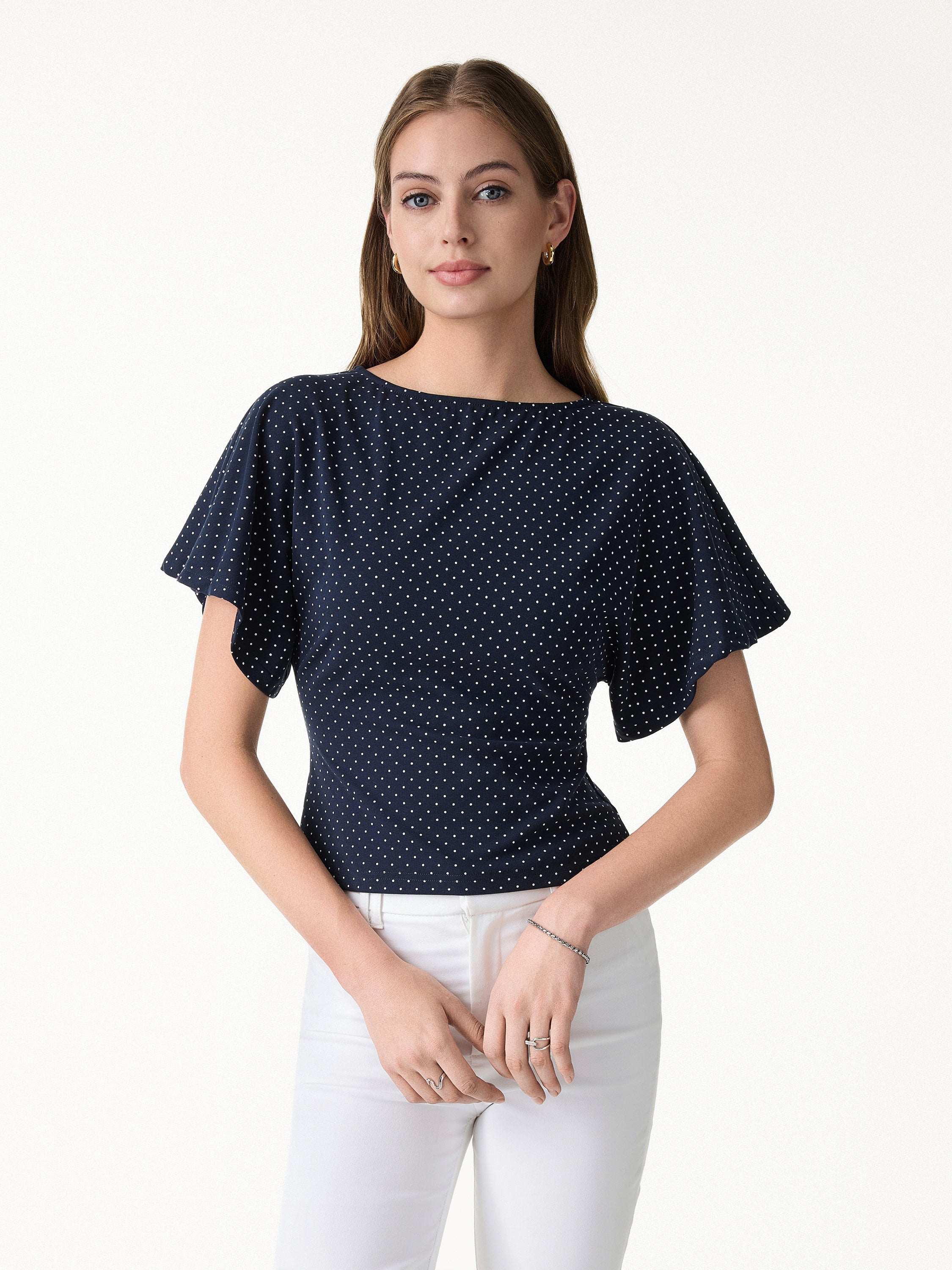 2Pcs Set Boatneck Flutter Sleeves Polka Dot Top & A-Line Flare Skirt Limited Edition