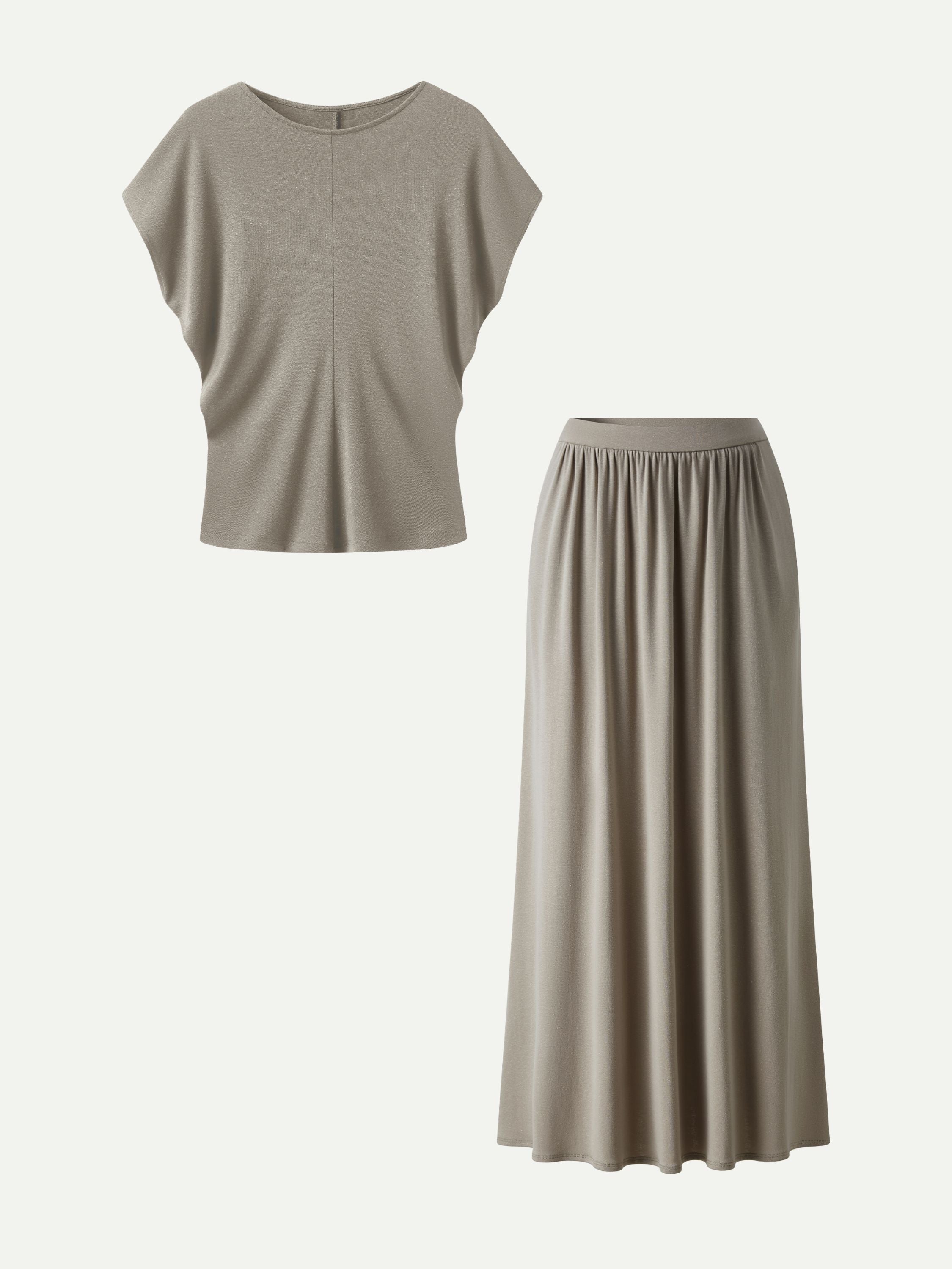 2Pcs Set Round Neck Top & A-Line Maxi Skirt with Pockets