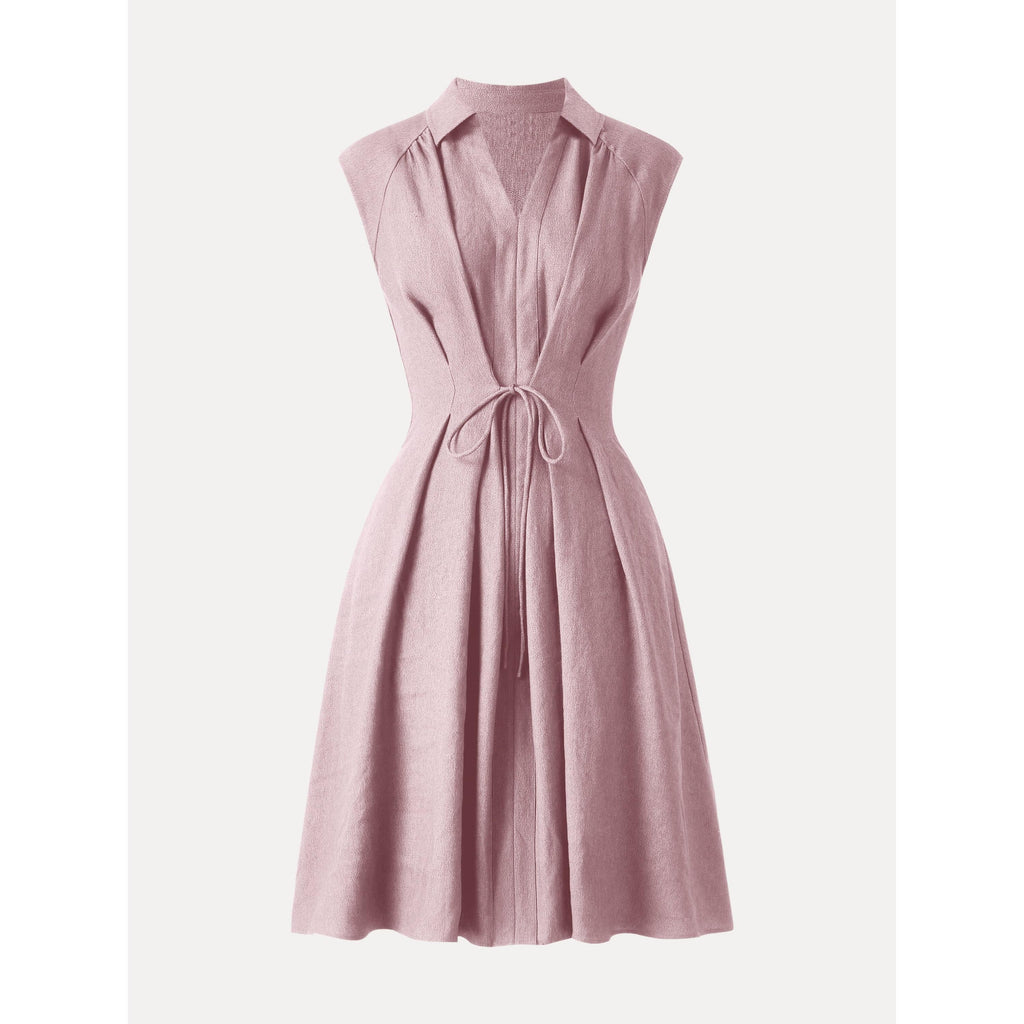 Viscose-Linen Collared V-neck Midi Dress with Drawstring